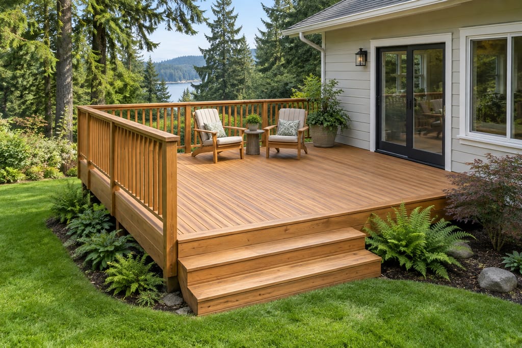 Natural wood deck with outdoor seating and a green Pacific Northwest garden