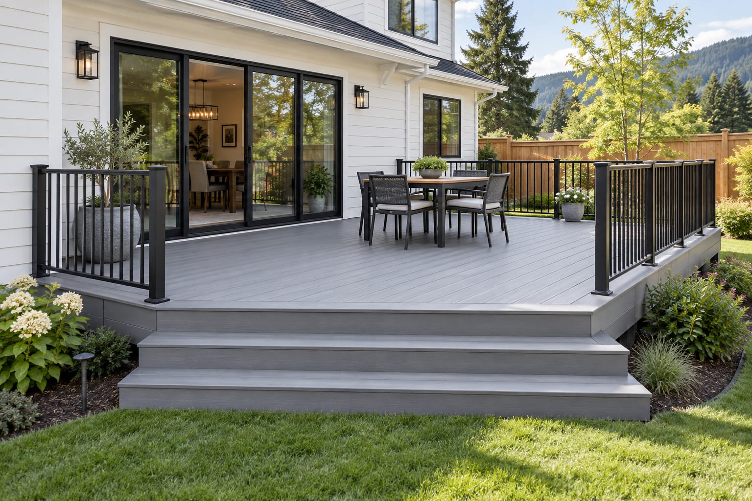 Gray composite backyard deck with black railing and stairs to a garden lawn