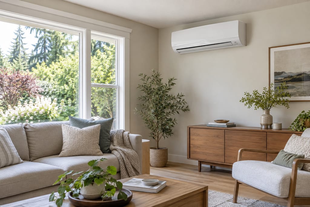 Wall-mounted ductless mini-split in a bright residential living room