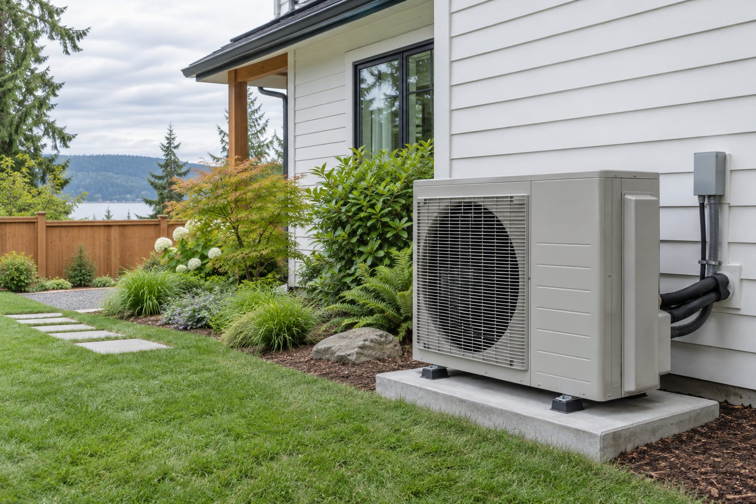 Outdoor heat pump on a concrete pad beside a Pacific Northwest home