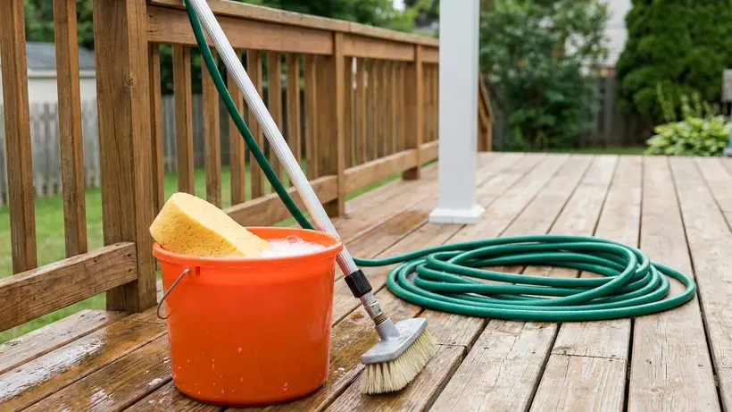 Bucket, soft brush, and garden hose sitting on a deck next to a patio cover.