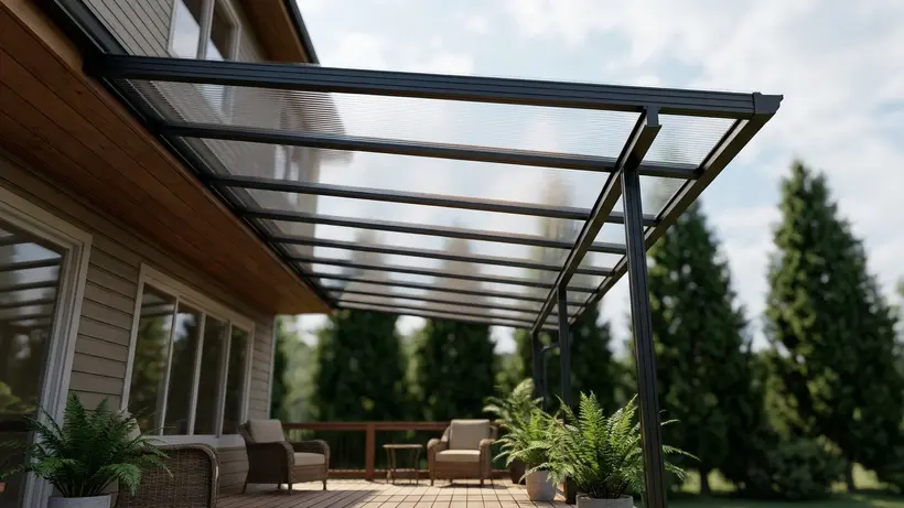 Looking up through a clean, transparent acrylic patio cover at evergreen trees.