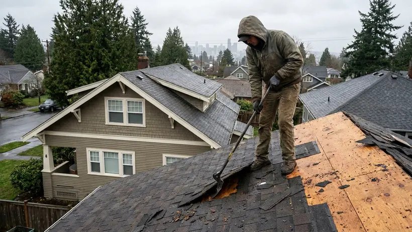 Roof tear-off process showing old shingles being removed to expose the wood decking.