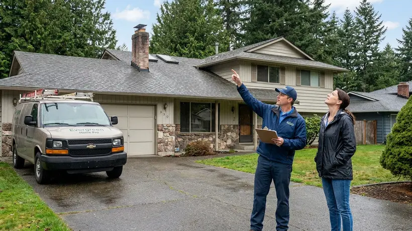 Roofing contractor discussing roof ventilation and replacement details with a homeowner.