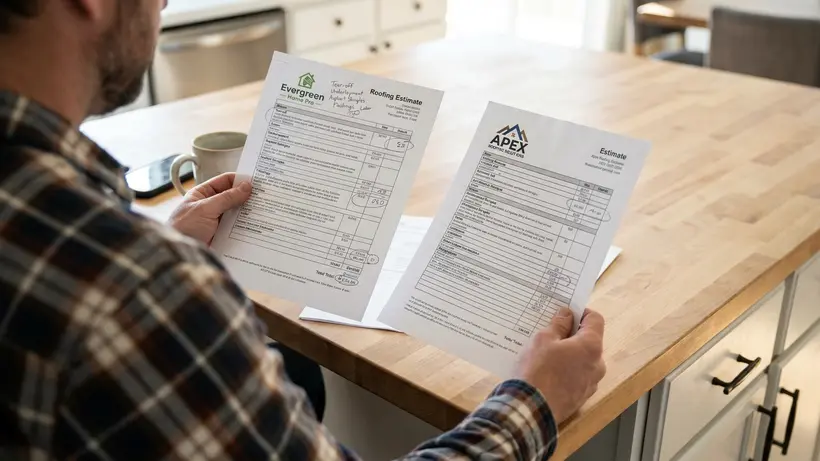 Homeowner comparing two different roofing estimates side-by-side on a table.