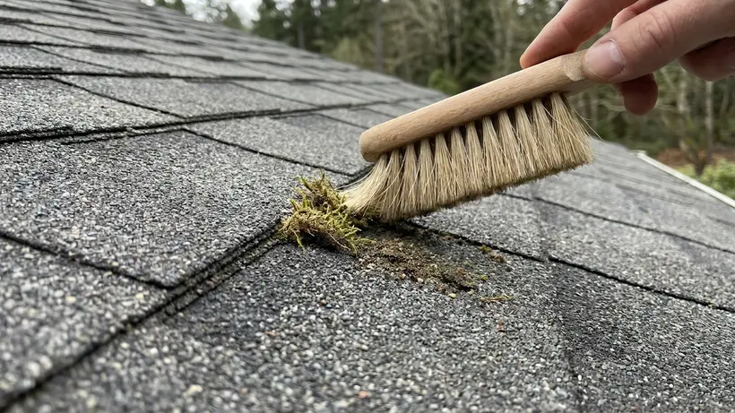 Using a soft brush to safely remove moss from asphalt roof shingles.