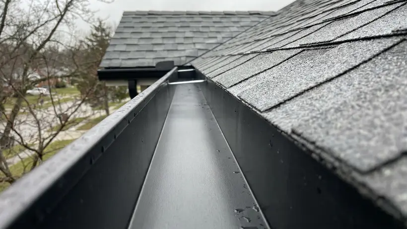 A clean rain gutter perfectly aligned with the roof edge, free of pine needles and debris.