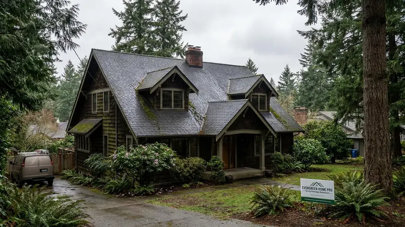 A complex residential roofline with dormers and valleys.