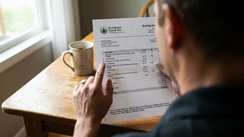 Reviewing a detailed, itemized roofing estimate on paper.