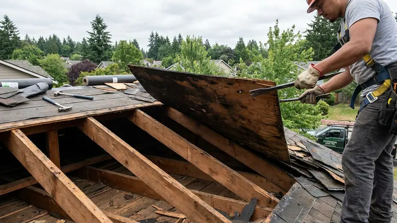 Replacing water-damaged roof decking during a tear-off.