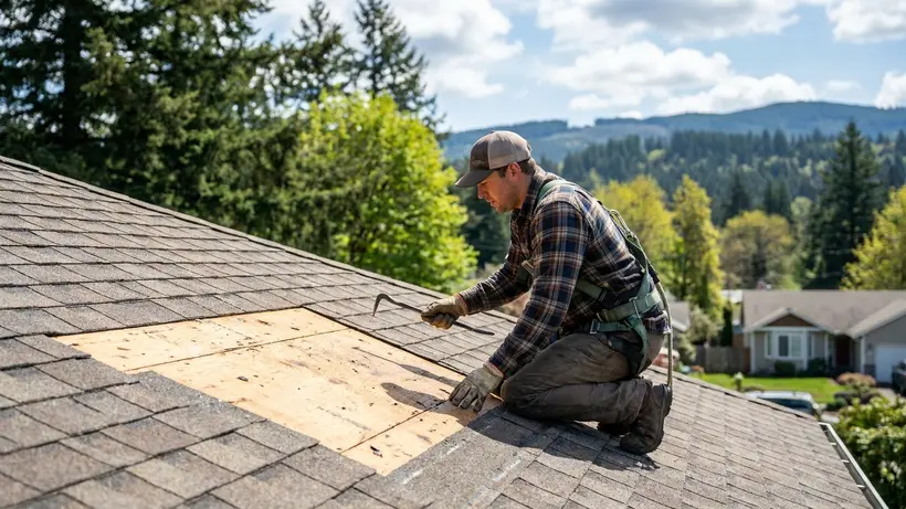 Contractor inspecting bare roof decking for water damage after removing old shingles.