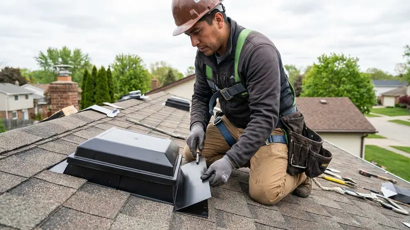 A professional roofing contractor installing flashing around a roof vent.