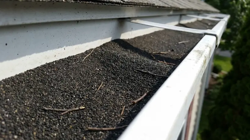 Asphalt shingle granules accumulated in a home's rain gutter.