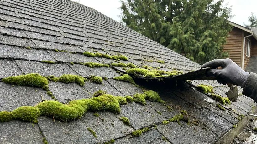 Thick green moss growing under the edges of asphalt shingles.