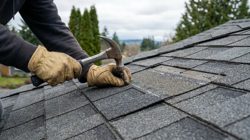 A roofer repairing an isolated section of an asphalt shingle roof.