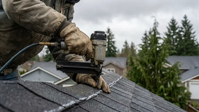 Professional roofing contractor accurately nailing an architectural shingle on the strike zone to ensure high wind resistance.