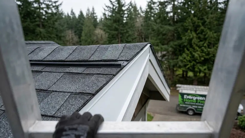 Close up of a roof edge showing starter strips and properly layered shingles.