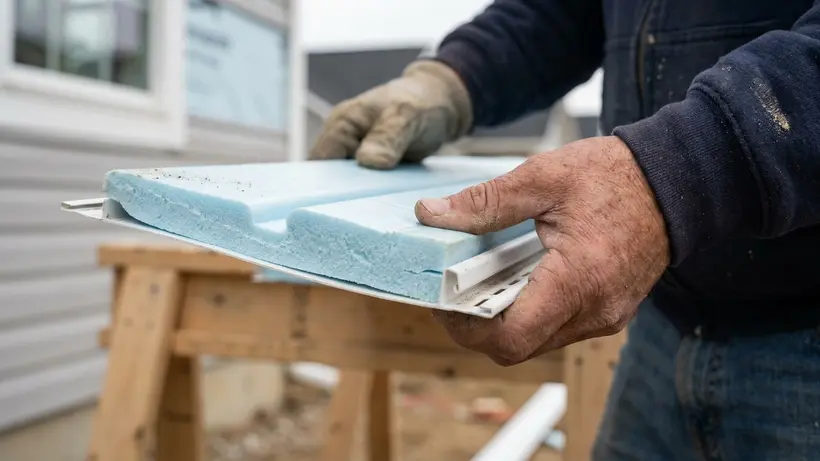 Close-up view of insulated vinyl siding showing the foam backing that improves energy efficiency.