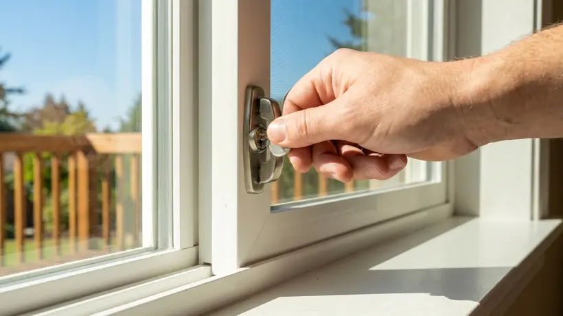Close up of a secure cam lock on a double-hung replacement window.