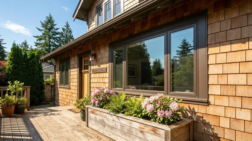 Secure ground-floor double pane window on a Pacific Northwest house.