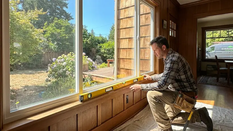 Window installer checking the level of a new frame to ensure perfect lock alignment.