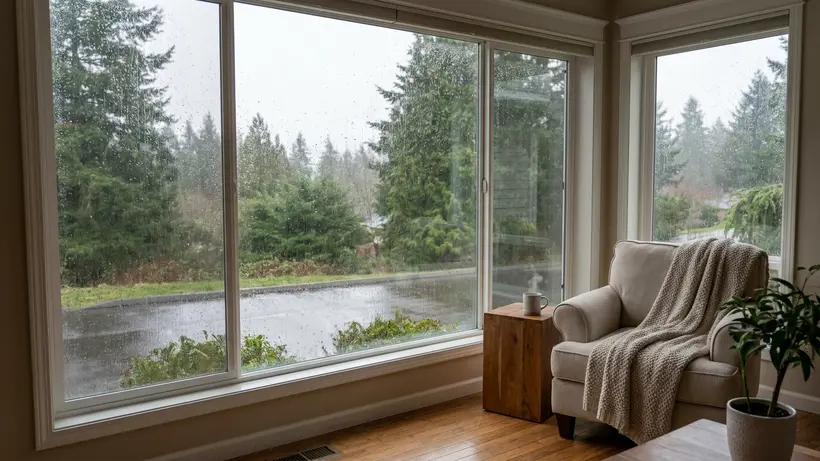View from inside a warm home looking out a new, energy-efficient window on a rainy day.