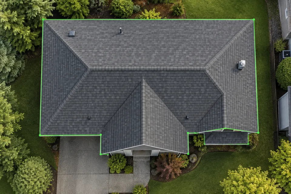 Aerial view of a shingle roof outlined in green to illustrate satellite-based roof measurement