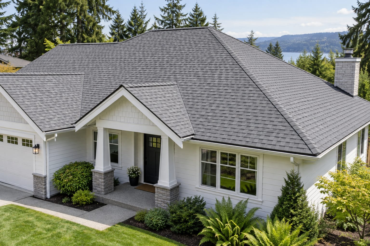 Clean gray asphalt shingle roof on a well-kept Pacific Northwest home